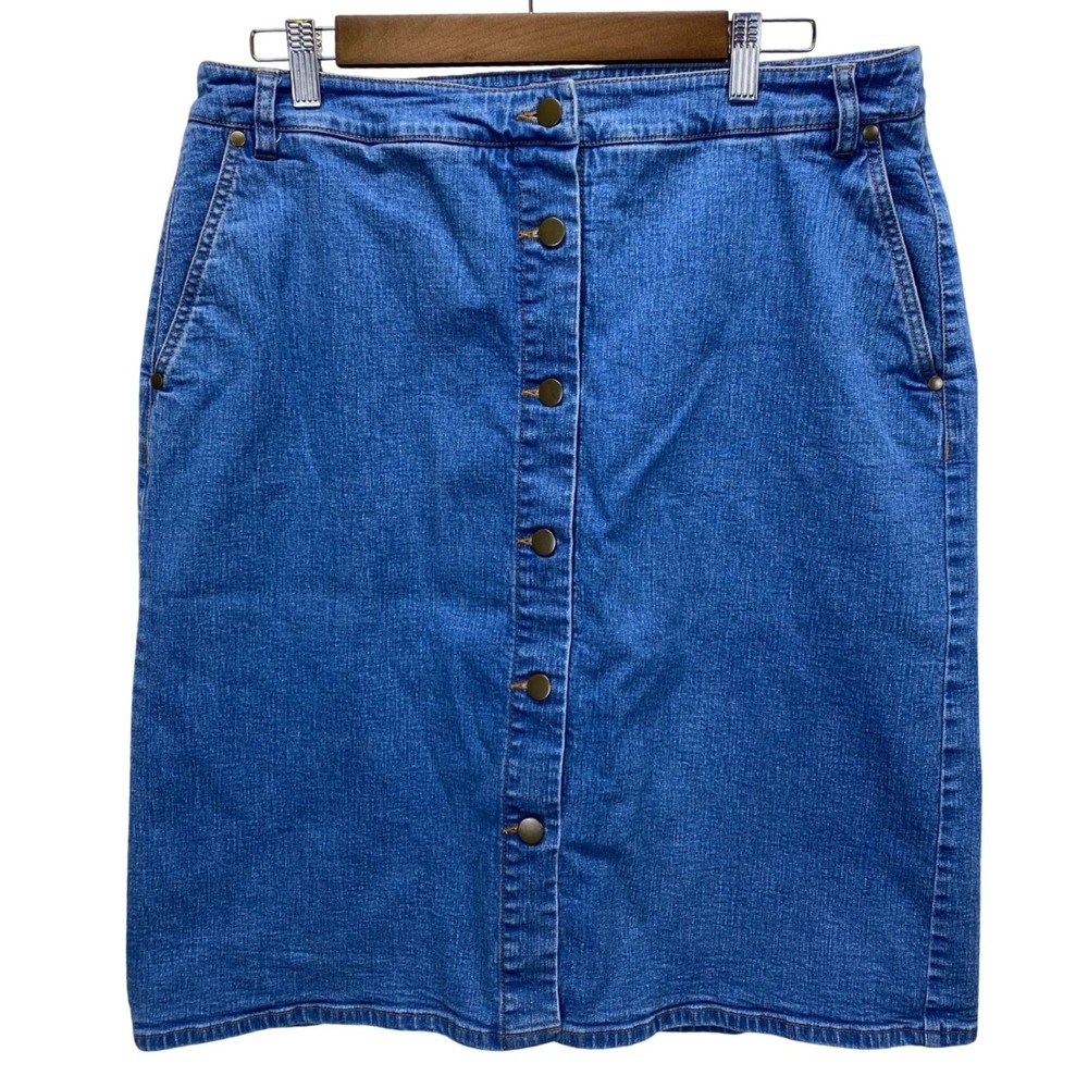 Pure Collection Denim Button Front Midi Skirt Blue US 12 UK 16 Classic Fit